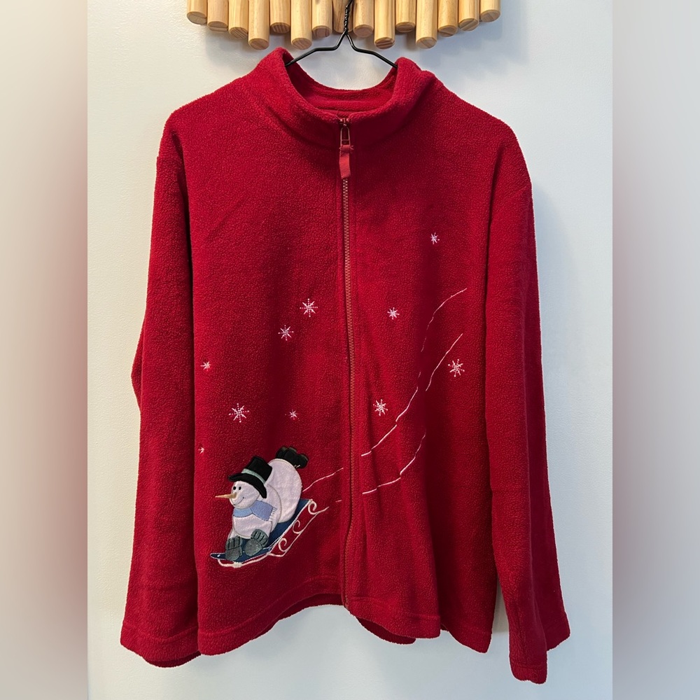 Christopher & Banks zip-up snowman fleece sweater.